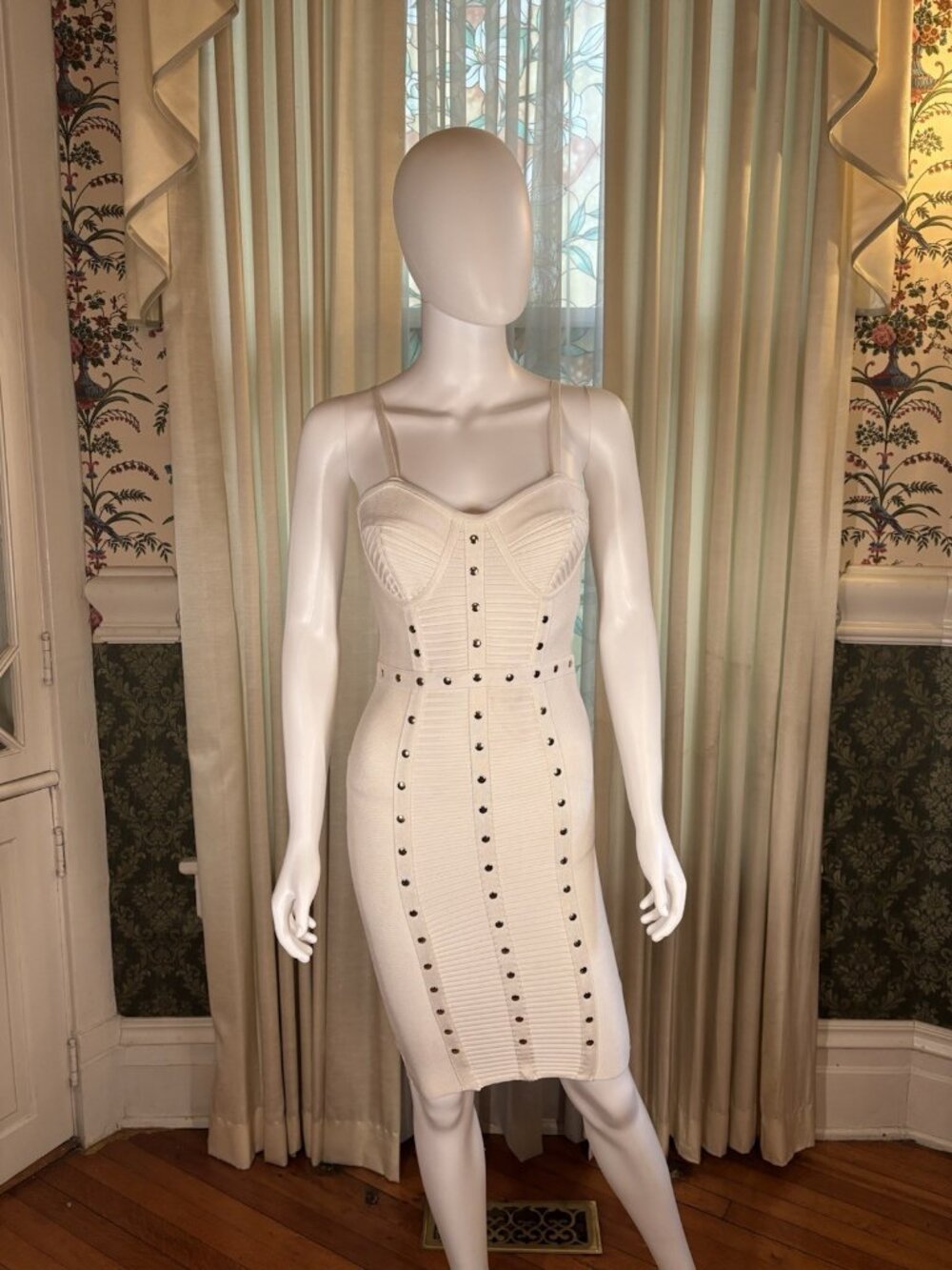 White Ivory Gold Studded Bandage Dress Size S Sweetheart Bustier Knee Length Y2K